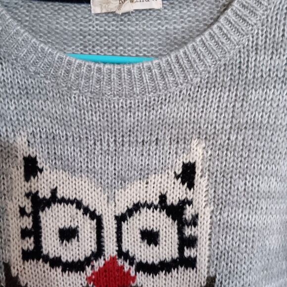 Rewind Owl Face Knit Sweater Sz S Gray -Crew Neck -Soft -Long Sleeve - Picture 3 of 11